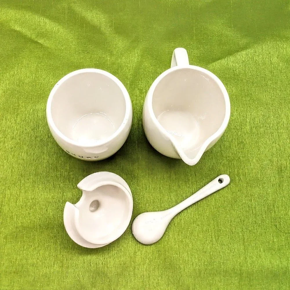California Pantry White Ceramic Creamer Covered Sugar Bowl & Spoon
